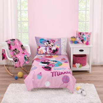 Disney Minnie Mouse Let's Party Pink, Lavender, and White Balloons, Cupcakes, and Confetti Party at Minnie's 4 Piece Toddler Bed Set