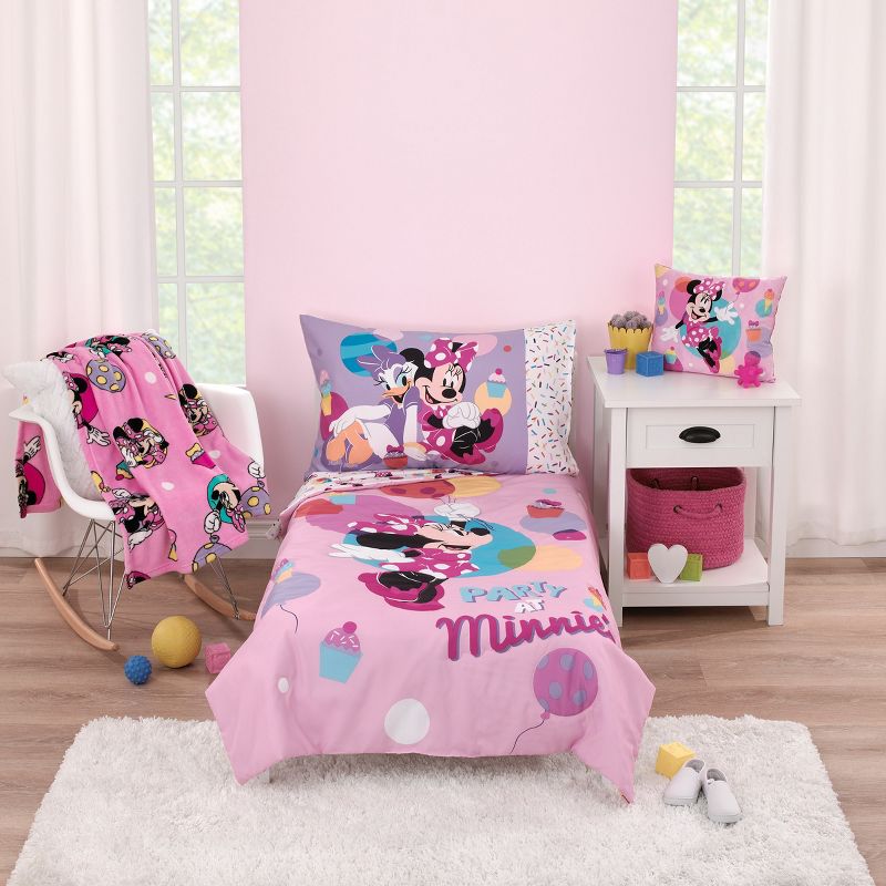 Disney Minnie Mouse Let's Party Pink, Lavender, and White Balloons, Cupcakes, and Confetti Party at Minnie's 4 Piece Toddler Bed Set, 1 of 7