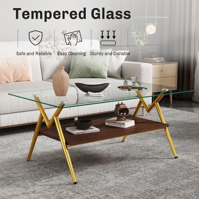 MAYEERTY Glass Coffee Table, Rectangle Tempered Glass Table, 2-Tier Mordern Center Table for Home Office Furniture