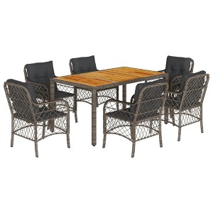 vidaXL 7 Piece Patio Dining Set with Cushions - Gray Poly Rattan Outdoor Furniture - Acacia Wood Tabletop - for Patio/Garden/Backyard - 1 of 4