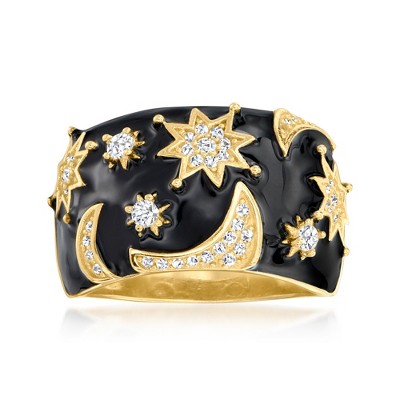 Ross-Simons 0.40 ct. t.w. White Topaz and Black Enamel Celestial Ring in 18kt Gold Over Sterling