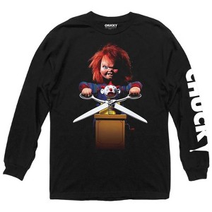 Chucky Child's Play 2 Poster Art With Chucky Name On Sleeve Adult Unisex Long Sleeve T-Shirt - 1 of 2