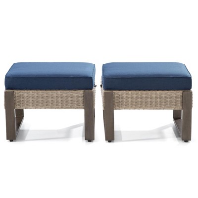COWLOWN Dark Blue 2PCS Outdoor Ottoman, Rattan Patio Footstools with Cushions & Steel Frame, Weather-Resistant Wicker Ottomans for Porch, Backyard