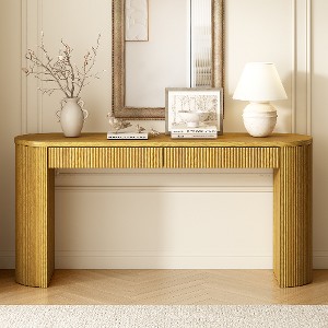 Lyngins Farmhouse Console Table with 2 Drawers, Solid Pine Entryway Table with Arched Legs & Striped Drawer Fronts, Pine Veneer Sofa Table - 1 of 4