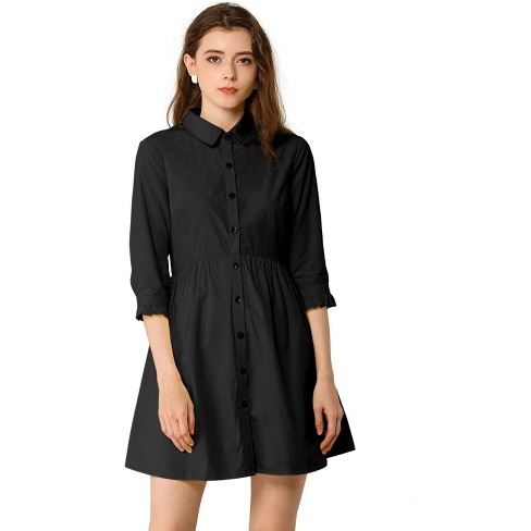 Allegra K Women's 3/4 Sleeve Button Front Flare Mini Shirt Dress Black Large