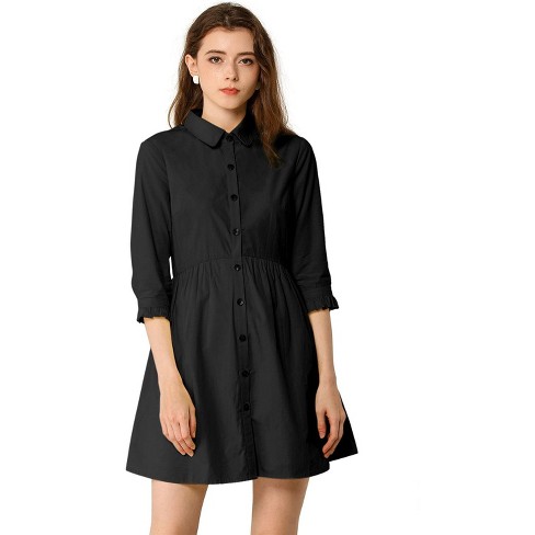 Allegra K Women's Work Shirt Belted Long Sleeve Pleated Midi Dress X-Small  Black at  Women's Clothing store