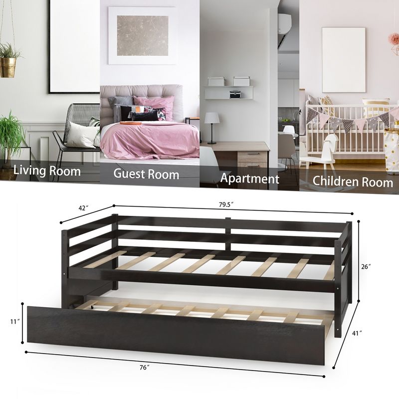 Costway Twin Size Trundle Daybed Wooden Slat Support Mattress Platform for Kids EspressoWhite, 3 of 11