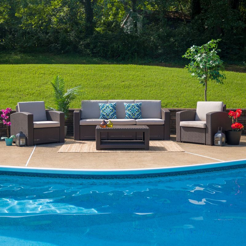 Flash Furniture 4 Piece Outdoor Faux Rattan Chair, Sofa and Table Set in Chocolate Brown, 3 of 12
