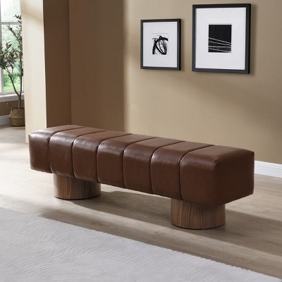 64" Versatile Dining Bench with Upholstered Seat and Round Wood Legs, End of Bed Entryway Bench for Bedroom, Living Room, or Dining Room-Tanpinhause