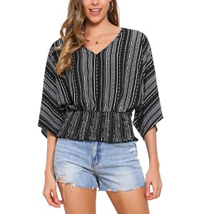 INSPIRE CHIC Women's Summer 3/4 Sleeve V Neck Boho Print Chiffon Smocked Waist Dolman Blouses - 1 of 4
