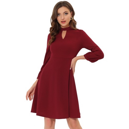 Allegra K Women's Mock Neck Keyhole 3/4 Sleeve A-line Knit Office Cocktail  Dress Wine Red Large