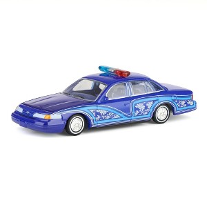 Greenlight 1/64 1992 Ford Crown Victoria Lowrider, Blue with Lightbar, California Lowriders Series 7 63080-F - 1 of 4