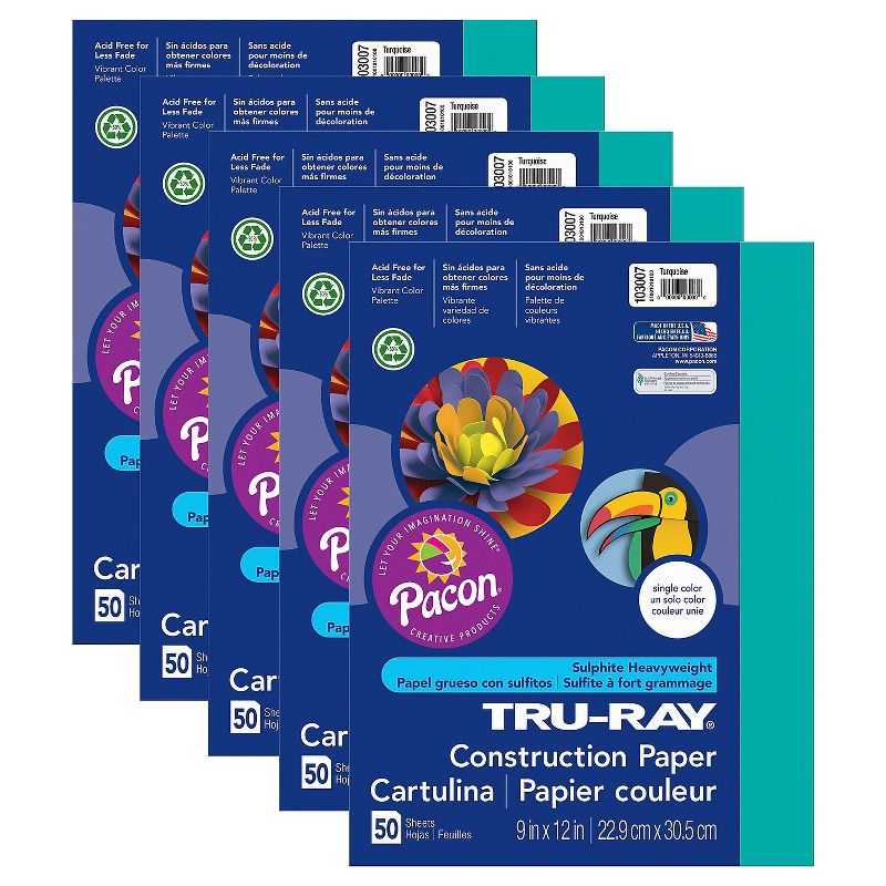 Pacon Tru-Ray 9" x 12" Construction Paper Turquoise 50 Sheets/Pack 5 Packs (PAC103007-5), 1 of 3