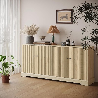 SAINTCY Modern Mid-Century Sideboard Cabinet with 4 Fluted Doors, LED-Lit TV Stand & Coffee Bar Storage for Living Room, Dining Room & Hallway