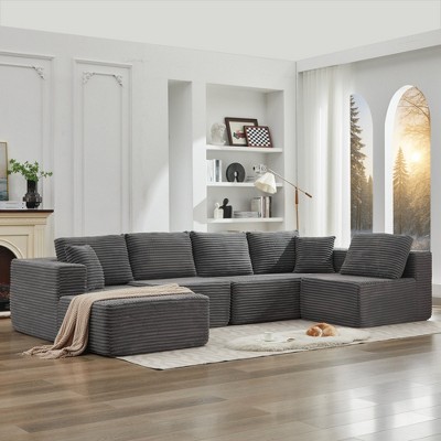 137.8" Corduroy Upholstery U-Shaped Cloud Modular Sectional Sofa with Left Chaise and Pillows, All-Foam Compression Design