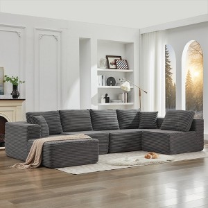 137.8" Corduroy Upholstery U-Shaped Cloud Modular Sectional Sofa with Left Chaise and Pillows, All-Foam Compression Design - 1 of 4