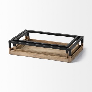 HomeRoots Set of Two Brown Wood Indoor Outdoor Tray With Handles - 1 of 4