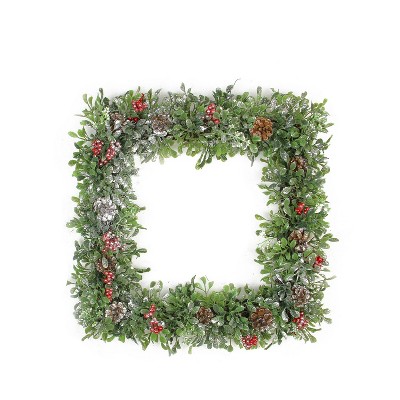 Northlight 18" Unlit Square Boxwood and Berries Pine Cone Artificial Christmas Wreath