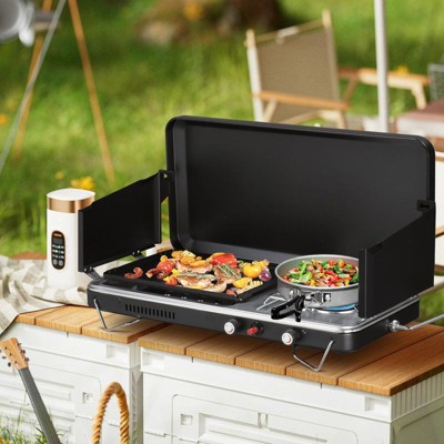 Winado 2-in-1 Portable Camping Stove & Propane Grill with Enamel Griddle & Piezo Igniter