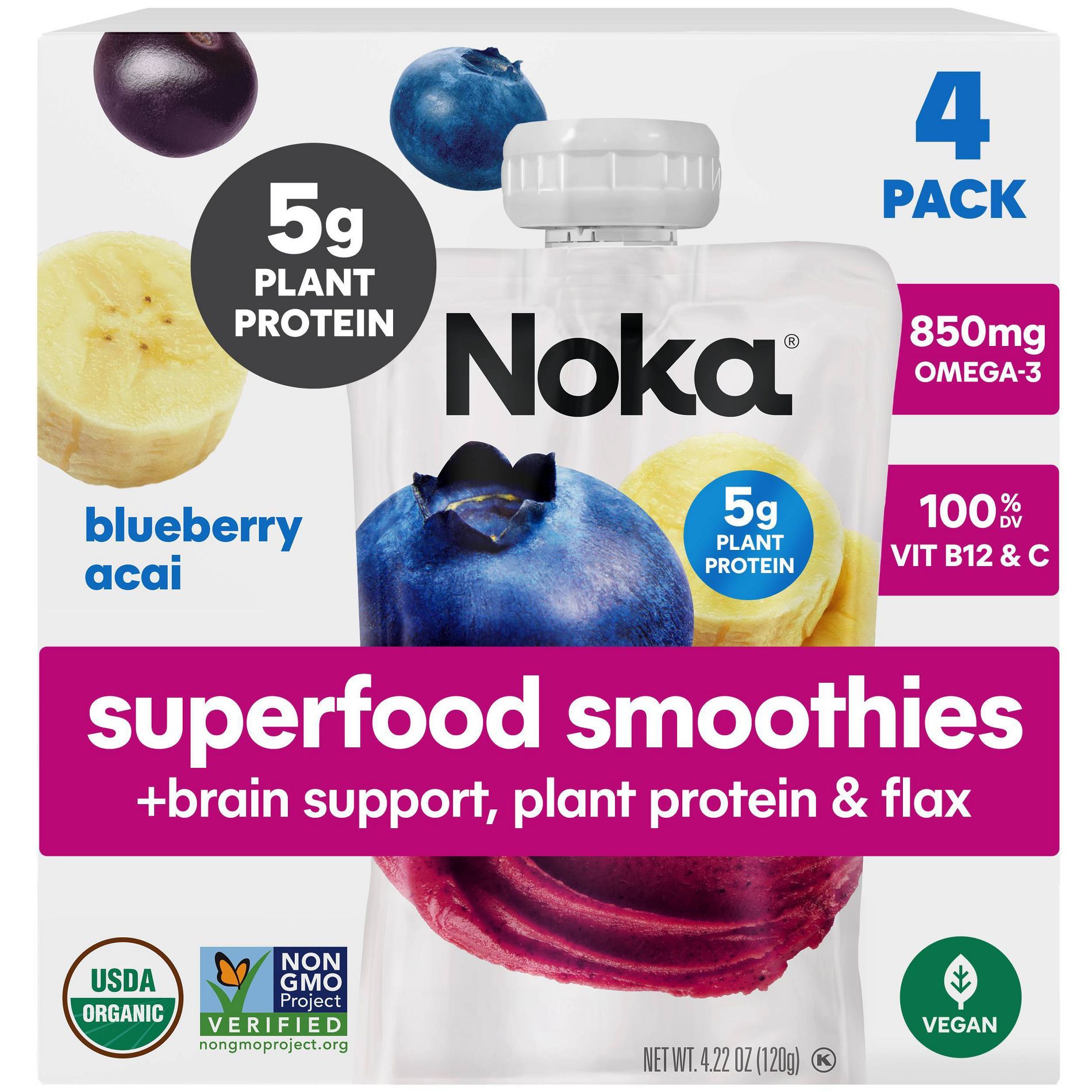 NOKA Blueberry Acai Superfood Smoothie + Brain Support Pouches - 16.9oz/4ct