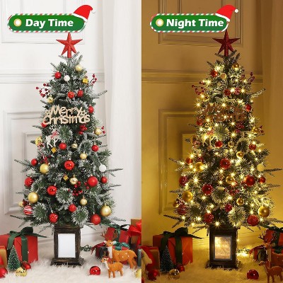 3FT Pre-Lit Christmas Tree with Snowflake Decorations,Small Artificial Christmas Tree with 78 Lights & 380 Branch Tips & Base Hinged Xmas Tree, 2Pcs