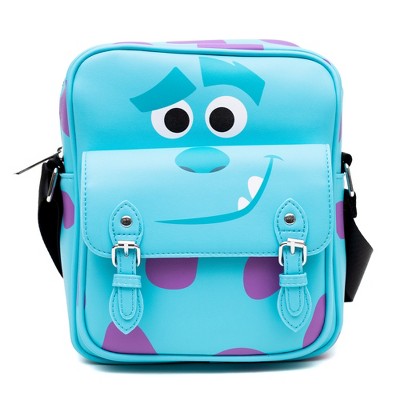 Disney Vegan Leather Crossbody Bag with Front Pocket, Monsters Sulley Smiling Character and Spots Blue Purple, 7.5" x 9"