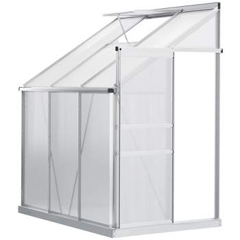 Outsunny 6' x 4' Aluminum Lean-to Greenhouse Polycarbonate Walk-in Garden Greenhouse with Adjustable Roof Vent, Rain Gutter and Sliding Door
