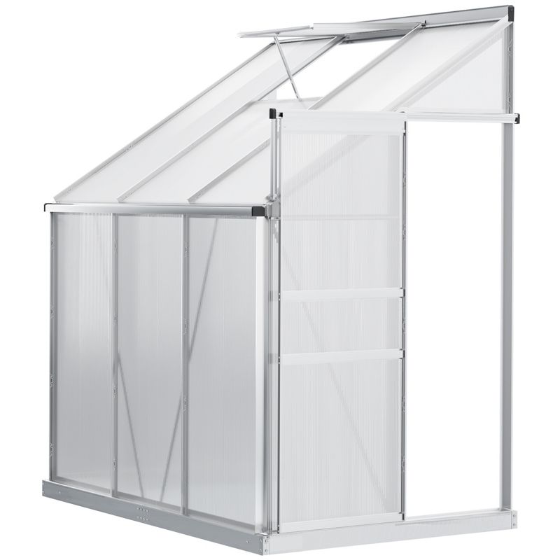 Outsunny 6' x 4' Aluminum Lean-to Greenhouse Polycarbonate Walk-in Garden Greenhouse with Adjustable Roof Vent, Rain Gutter and Sliding Door, 1 of 7