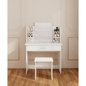 Gulches White Compact Vanity Table with Adjustable Mirror & Matching Stool - 1 Drawer + Open Shelves, Stylish Makeup Dressing Table - 1 of 4