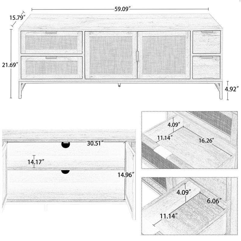 59.09" Elegant Rattan TV Stand with Adjustable Shelves and Wood Grain Finish - ModernLuxe, 3 of 10