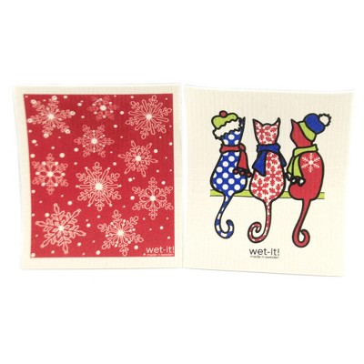 Swedish Dish Cloth 7.75" Winter Cats Absorbent Cleaning Cloth Snowflakes  -  Dish Cloth