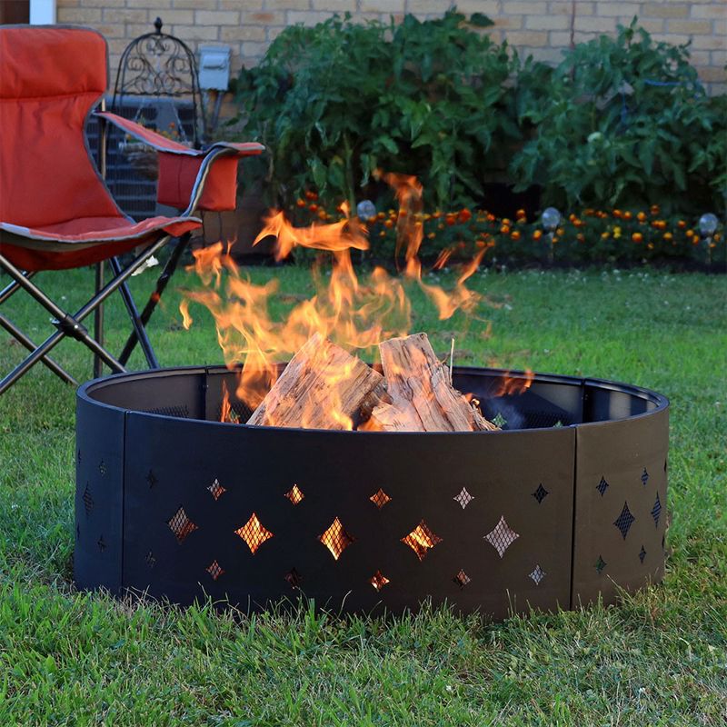 Sunnydaze Outdoor Heavy-Duty Steel Portable Large Round Diamond Cut Out Fire Pit Ring with Log Poker - 36" - Black, 2 of 9