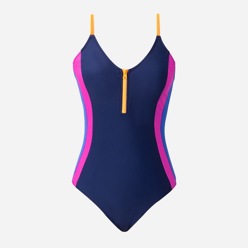 Women's Color Block Paneled Zip Front One Piece Swimsuit - Cupshe, 3 of 7