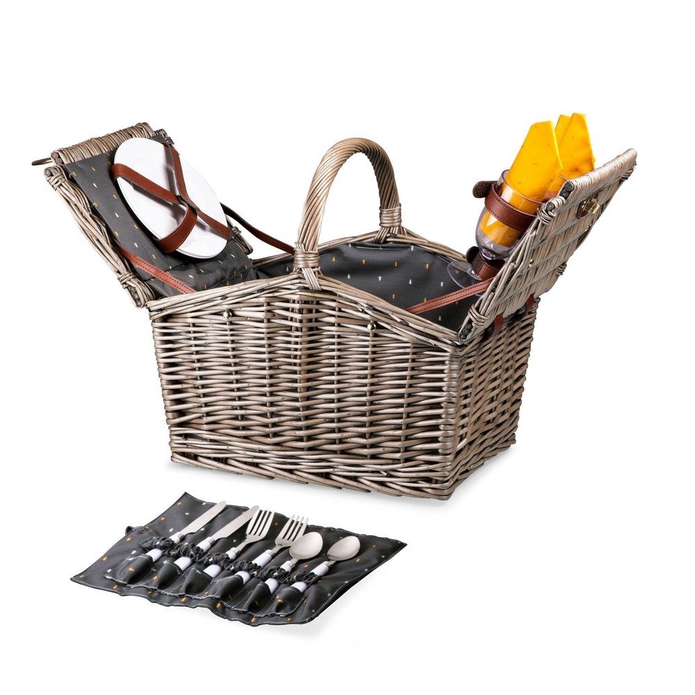 Picnic Time Piccadilly Picnic Basket - Anthology: Gray Willow Set for 2 with Tableware & Twist Lock Closure