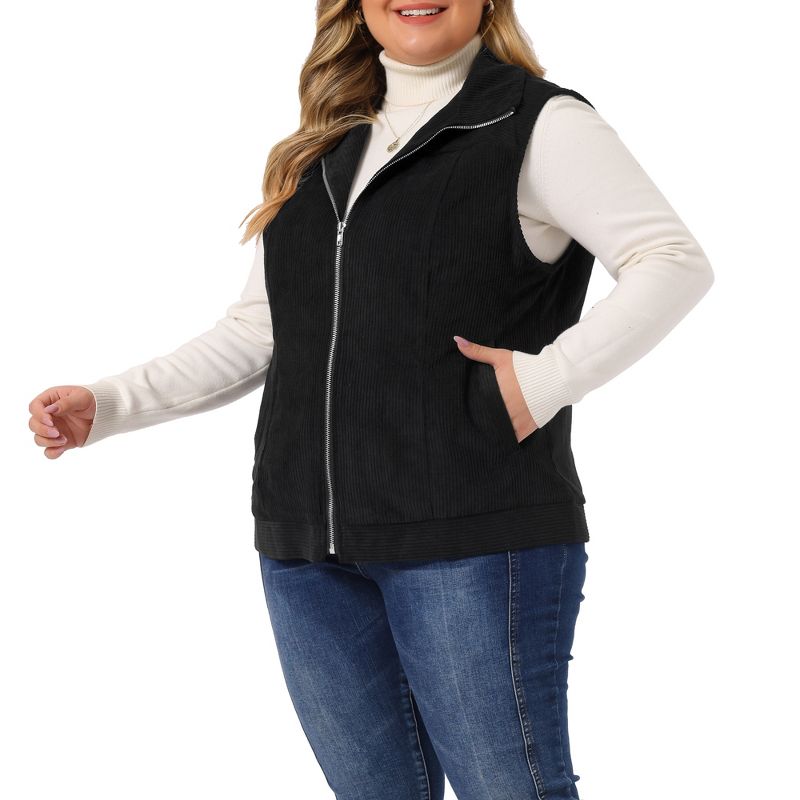 Agnes Orinda Women's Plus Size Corduroy Zipper Side Pocket Casual Sleeveless Fleece Vests, 2 of 6