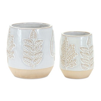Melrose Porcelain Planter with Leaf Design (Set of 2)