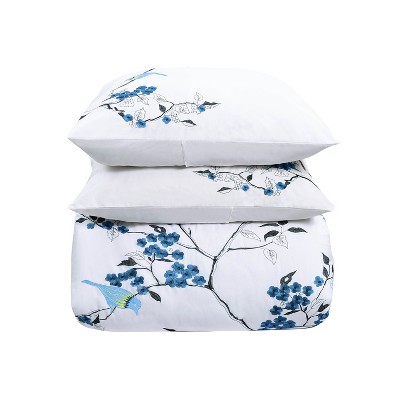 Modern Embroidered Cherry Blossom Floral Cotton Duvet Cover and Pillow Sham Set - Blue Nile Mills