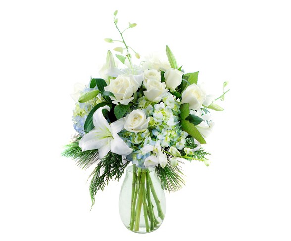 KaBloom Winter's Majesty Roses and Lilies Fresh Flower Arrangement - with Vase