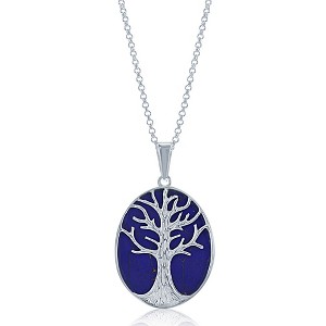 Bella Silver Sterling Silver Large Oval Created Blue Lapis with Tree 18" Pendant Necklace  - Blue - 1 of 2