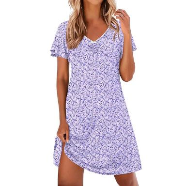 night dresses sleepwear Ekouaer Nightgowns for Women Short Sleeve Gown Comfy Sleep Shirt Soft Sleep Dress Pleated Purple Polka Dots L disney ariel dress Princess Options:style 1 amazon_color:RED Cotton showing body curves