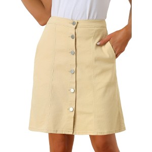 Allegra K Women's Elastic Back Short Button Down Denim Skirts with Pockets - 1 of 4