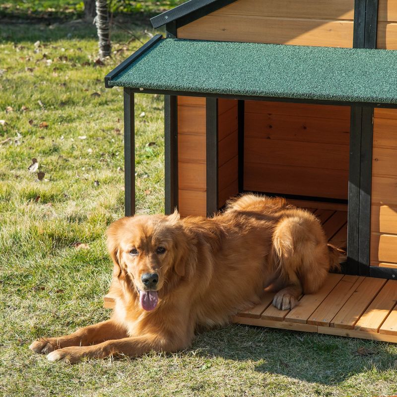 PawHut Outdoor Dog House Cabin Style, Wooden Raised Pet Kennel with Asphalt Roof, Front Door, Side Window, Porch for Medium/Large Dogs, Loading 53 Lbs, 5 of 7