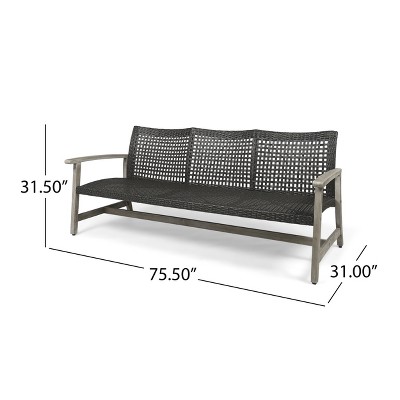 Marcia Light Gray Wood and Black Wicker Three-Seat Outdoor Sofa