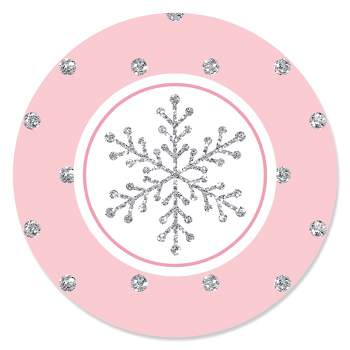 Big Dot of Happiness Pink Winter Wonderland - Holiday Snowflake Birthday Party or Baby Shower Circle Sticker Labels - 24 Count