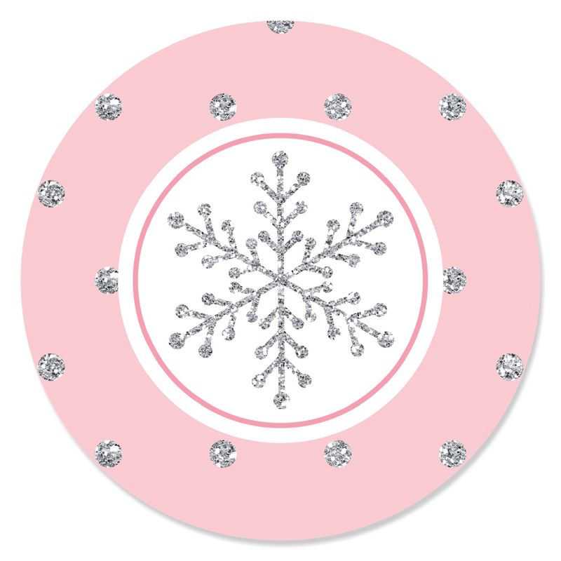 Big Dot of Happiness Pink Winter Wonderland - Holiday Snowflake Birthday Party or Baby Shower Circle Sticker Labels - 24 Count, 1 of 5