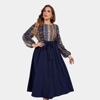 Women's Plus Size Navy Floral Belted Midi Dress - Cupshe