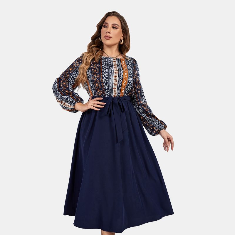Women's Plus Size Navy Floral Belted Midi Dress - Cupshe, 1 of 7