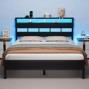 Furnulem Full  and Queen Bed Frame with Storage Headboard and LED Lights, Metal Bedframe with Charging Station and USB Port, No Box Spring Needed - 1 of 4