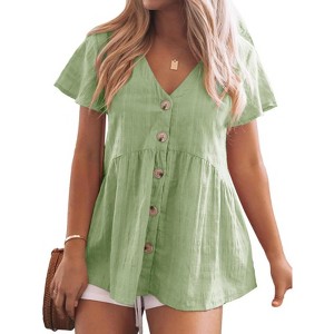 Imily Bela Womens Short Sleeve V Neck Button Down Babydoll Peplum Top Loose Casual Ruffle Hem - 1 of 3