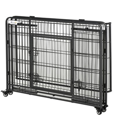 Heavy Duty Black Metal Dog Cage with Wheels and Tray, 43"